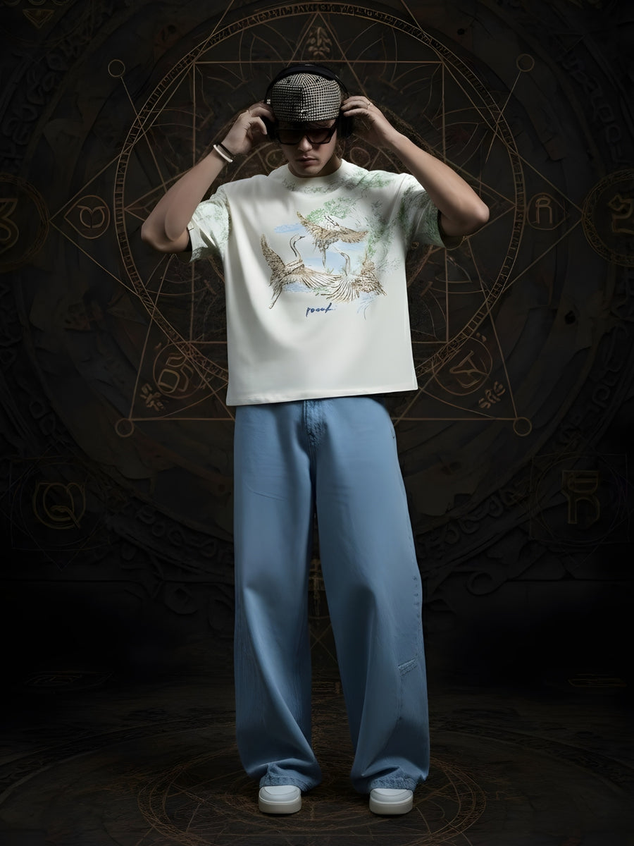 OLKHO Crane Art Oversized T-Shirt – White